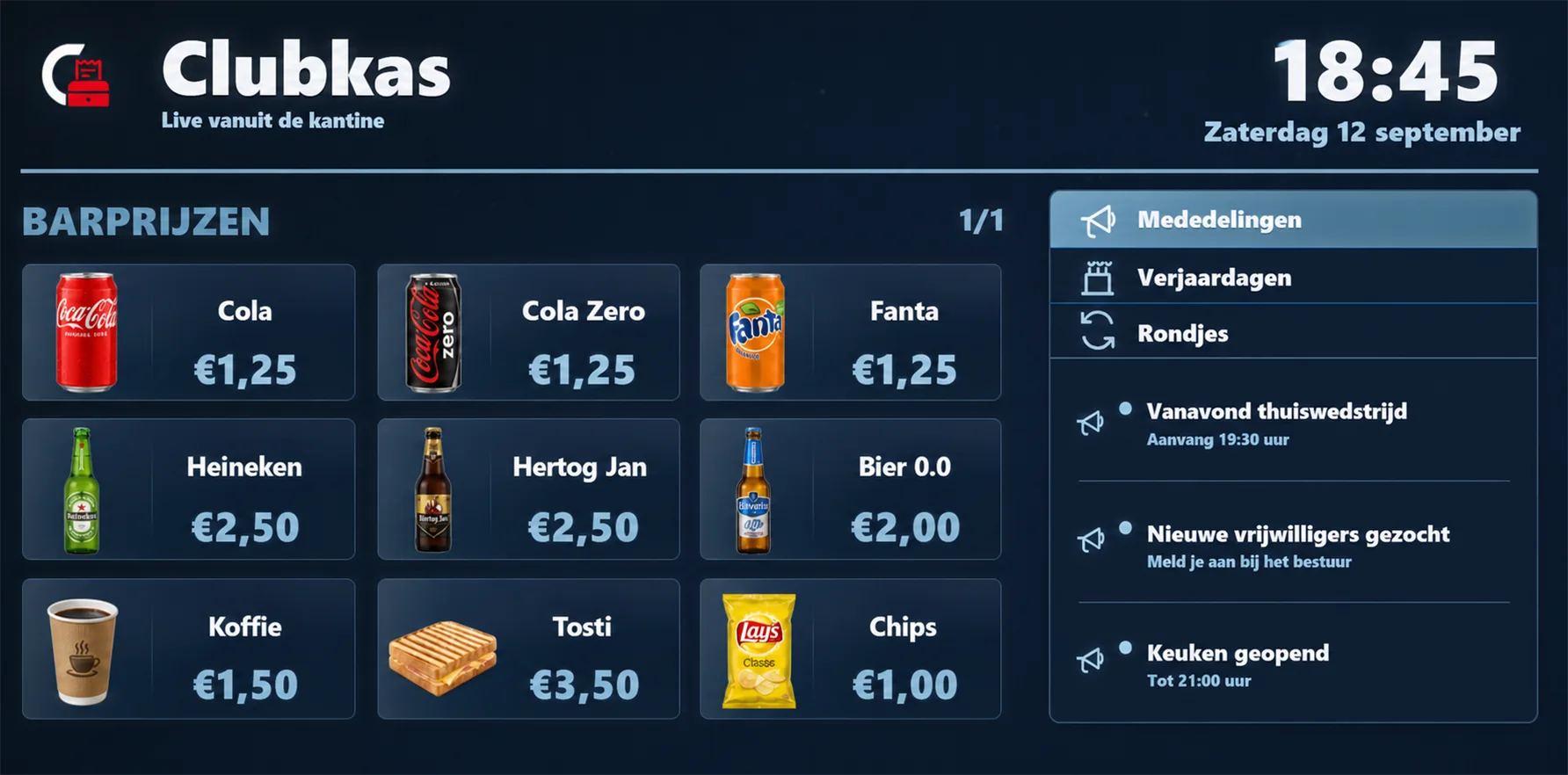 Een gevuld donker ClubKas-kantinescherm met dezelfde negen producten, drie mededelingen en fictieve datum en tijd.