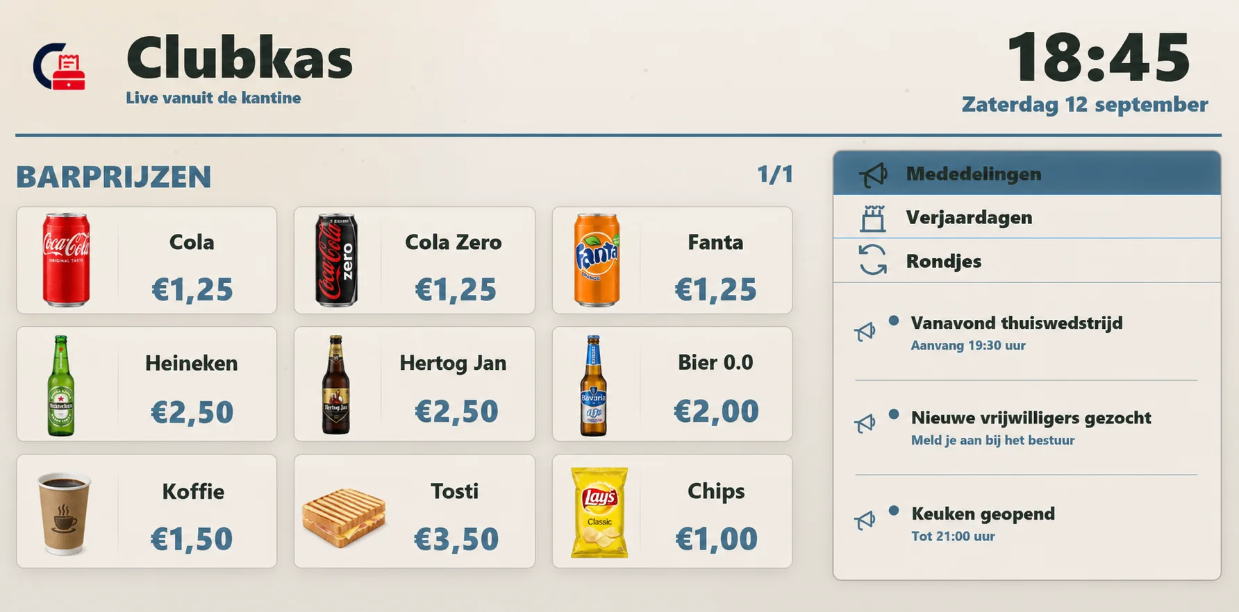 Een gevuld licht ClubKas-kantinescherm met negen producten, drie mededelingen en een fictieve datum en tijd.